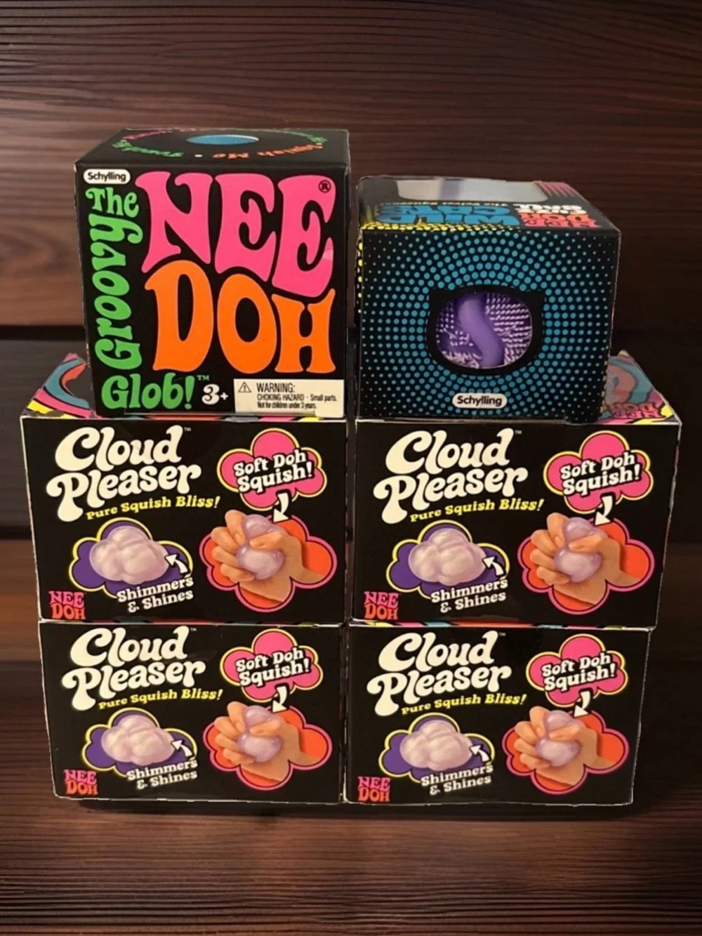 Schylling NeeDoh Cloud Pleaser X4, FuzzBall Wild Cat, Groovy Glob -Lot Of 6 Auth